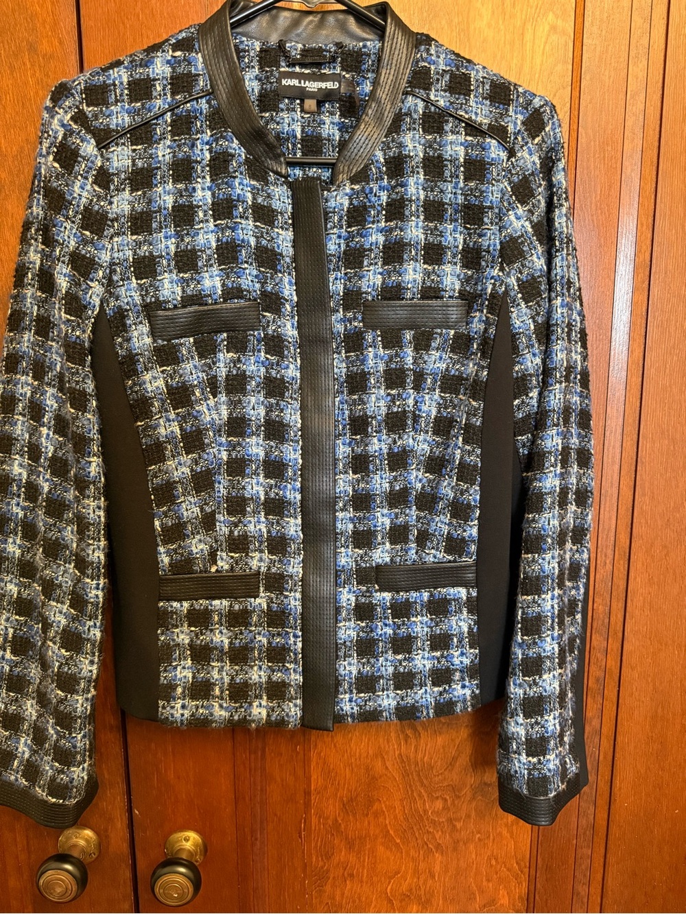 Karl Lagerfeld Paris Tweed Jacket Blue Black Plaid Faux Leather Trim Size 8